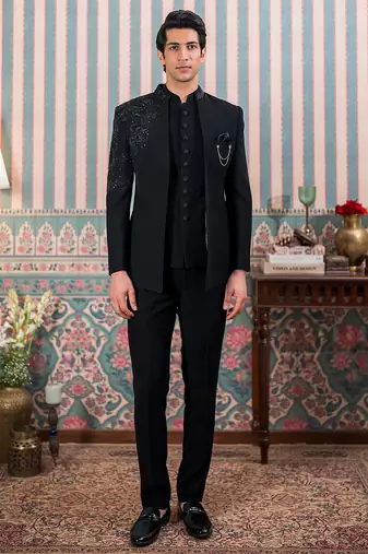 Black jodhpuri suit with artisanal cutdana embroidery