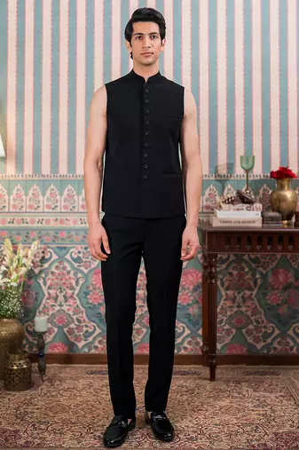 Black jodhpuri suit with artisanal cutdana embroidery