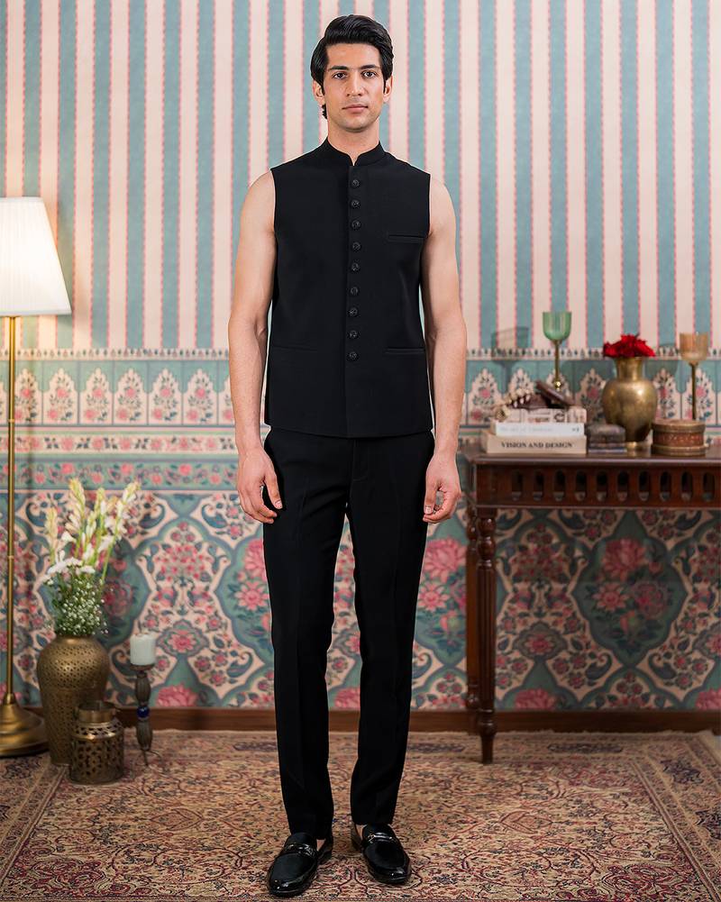 Black jodhpuri suit with artisanal cutdana embroidery