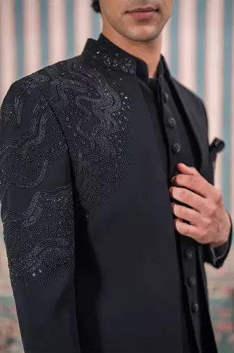 Black jodhpuri suit with artisanal cutdana embroidery