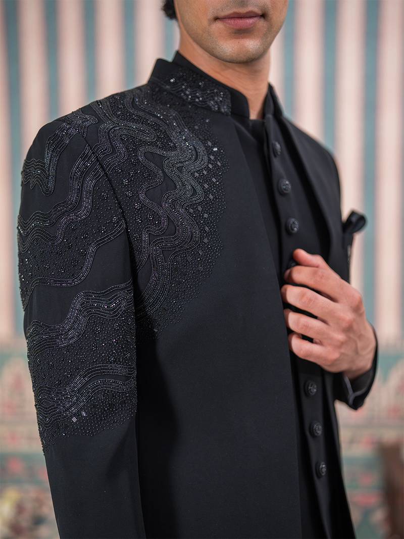 Black jodhpuri suit with artisanal cutdana embroidery