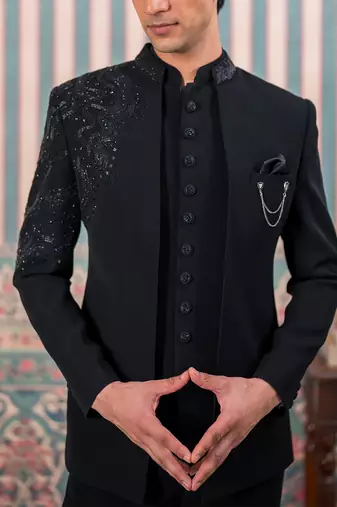 Black jodhpuri suit with artisanal cutdana embroidery