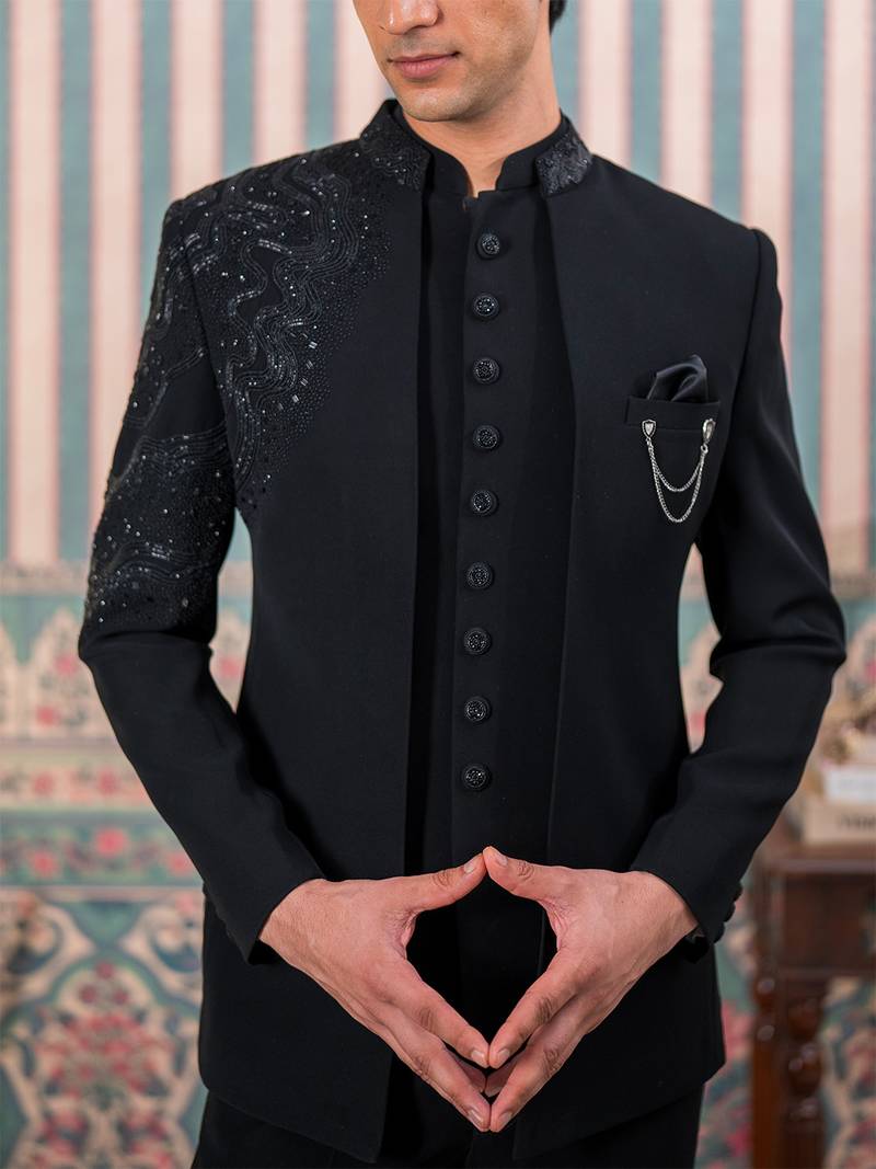 Black jodhpuri suit with artisanal cutdana embroidery