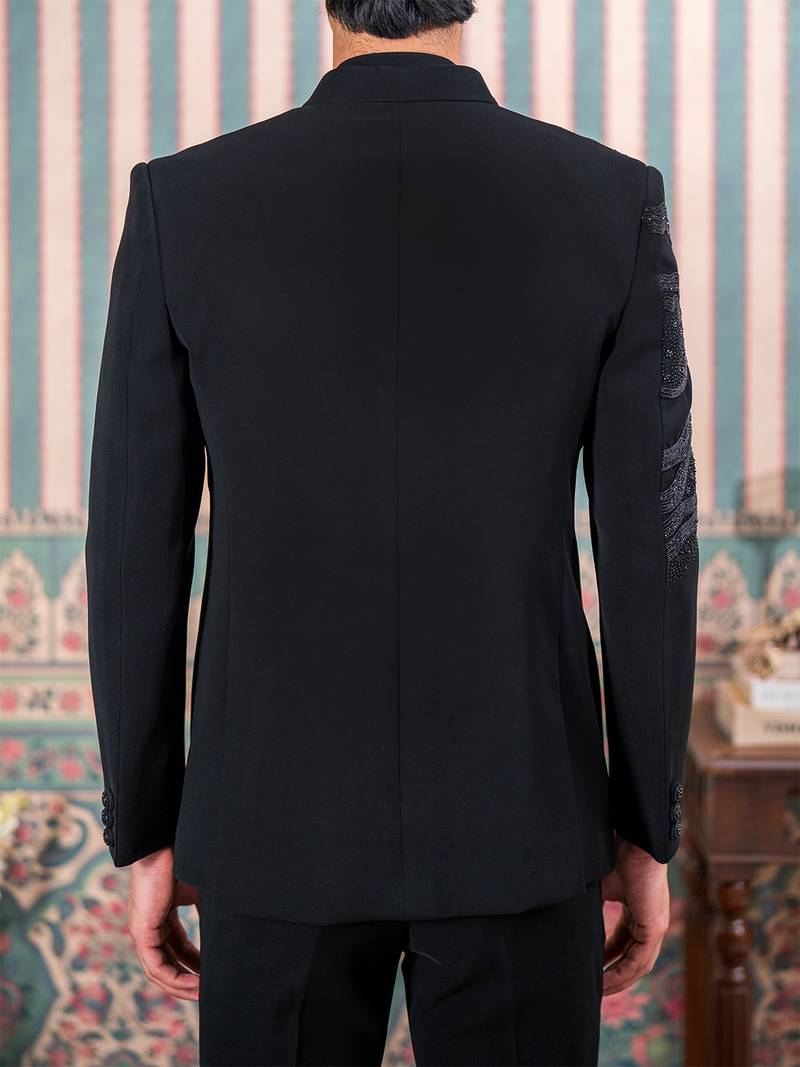 Black jodhpuri suit with artisanal cutdana embroidery