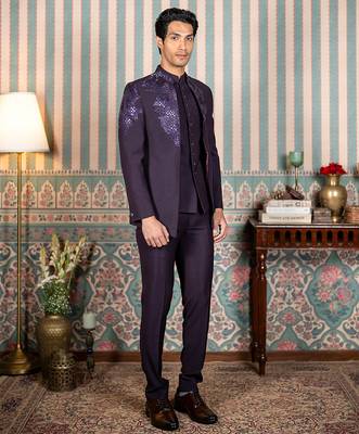 Deep purple hand embroidered open jodhpuri suit 1