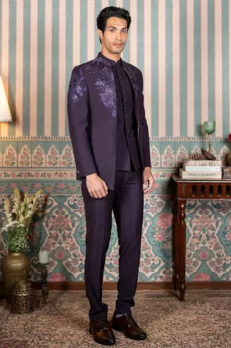 Deep purple hand embroidered open jodhpuri suit