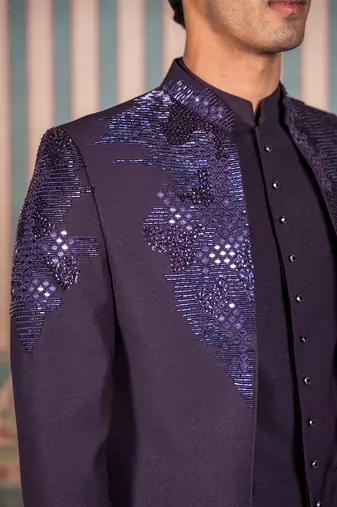Deep purple hand embroidered open jodhpuri suit