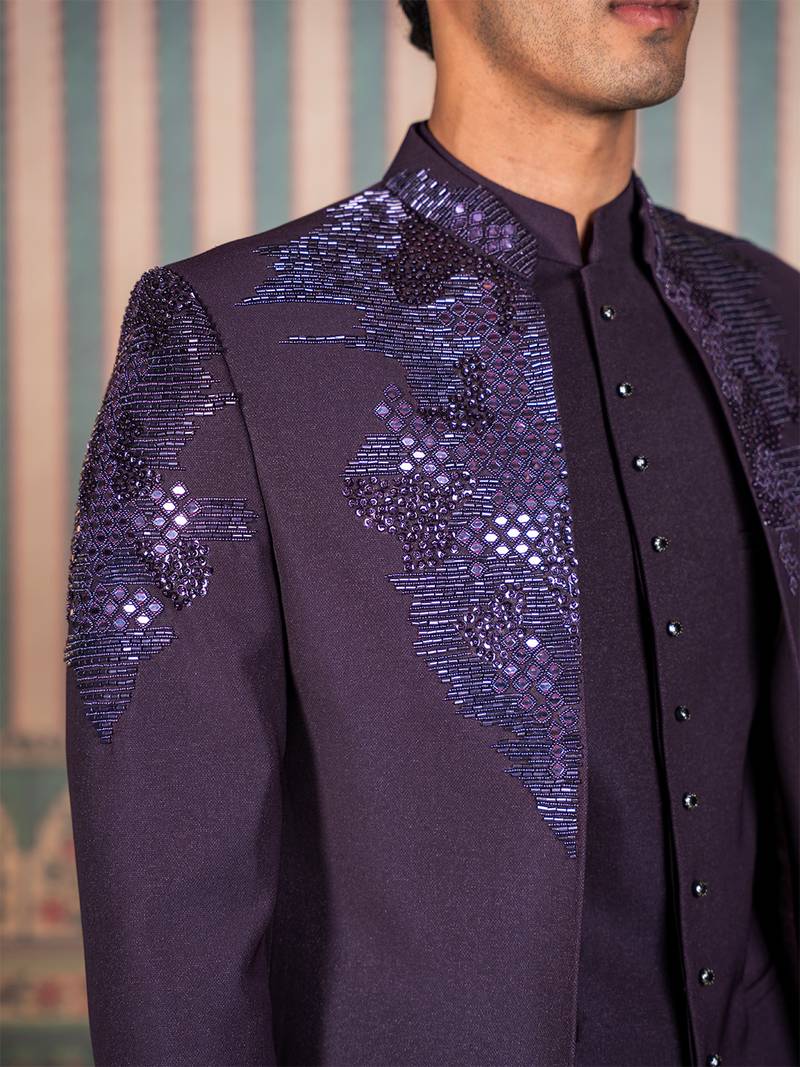 Deep purple hand embroidered open jodhpuri suit