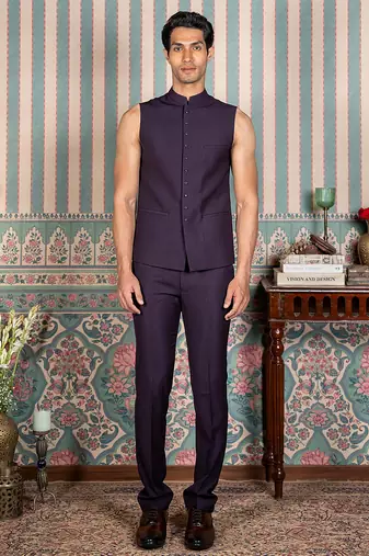 Deep purple hand embroidered open jodhpuri suit