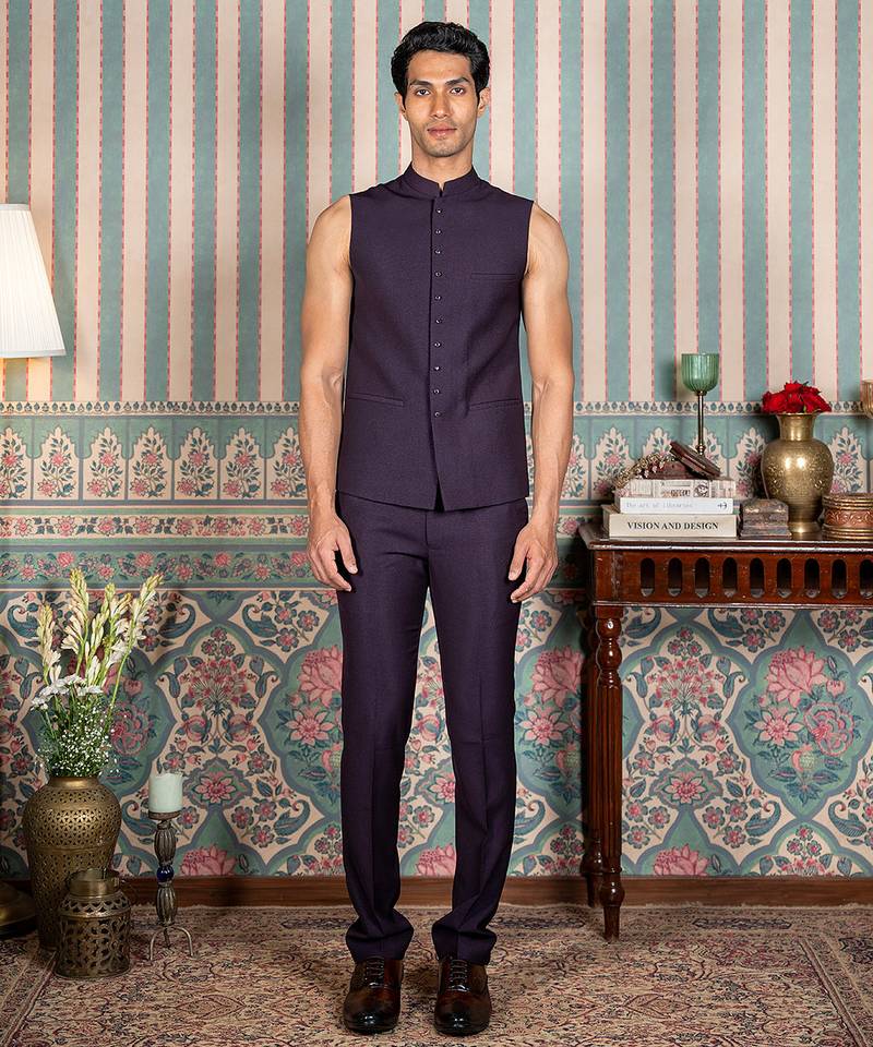 Deep purple hand embroidered open jodhpuri suit