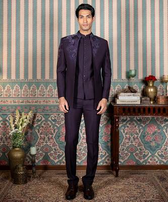 Deep purple hand embroidered open jodhpuri suit 4