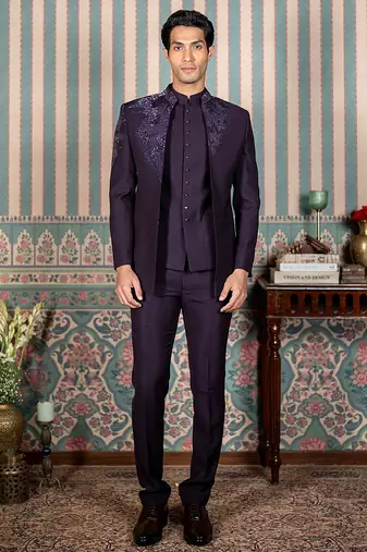 Deep purple hand embroidered open jodhpuri suit