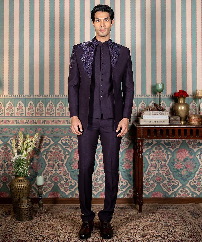 Deep purple hand embroidered open jodhpuri suit