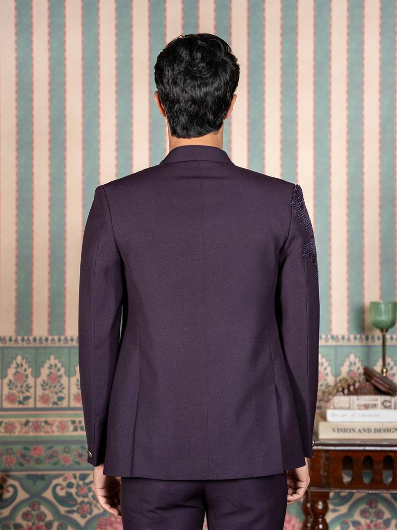 Deep purple hand embroidered open jodhpuri suit