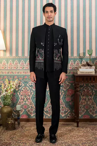 Black jodhpuri suit with floral rubber print and hand embroidery