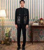 Black jodhpuri suit with floral rubber print and hand embroidery