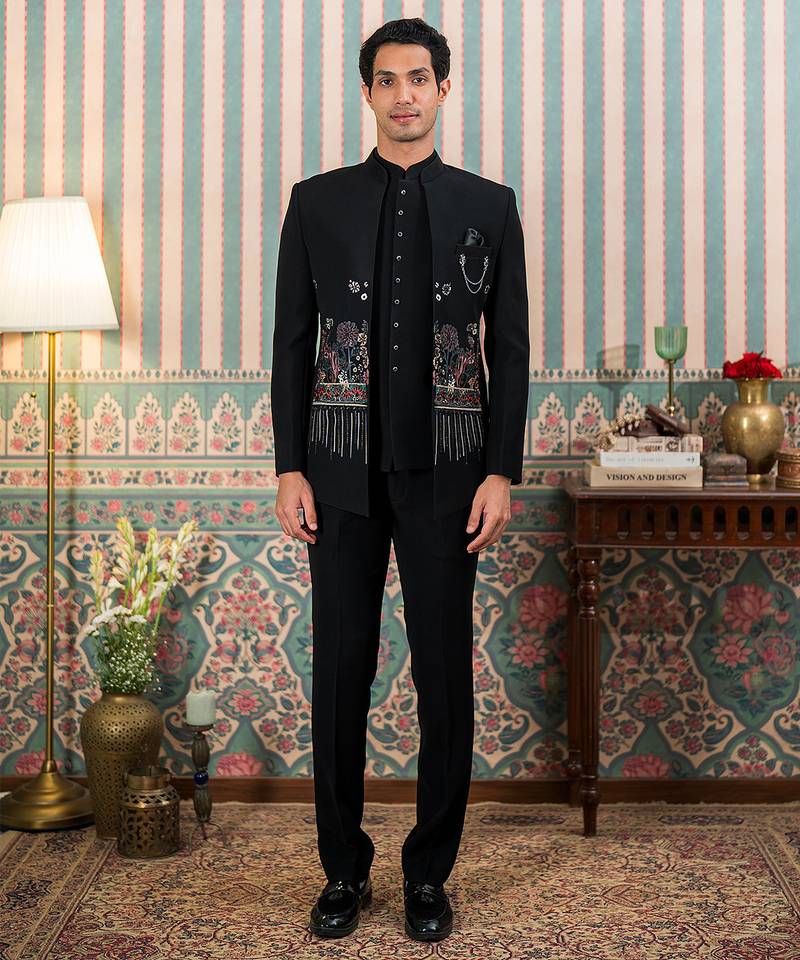 Black jodhpuri suit with floral rubber print and hand embroidery