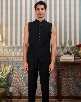 Black jodhpuri suit with floral rubber print and hand embroidery 2