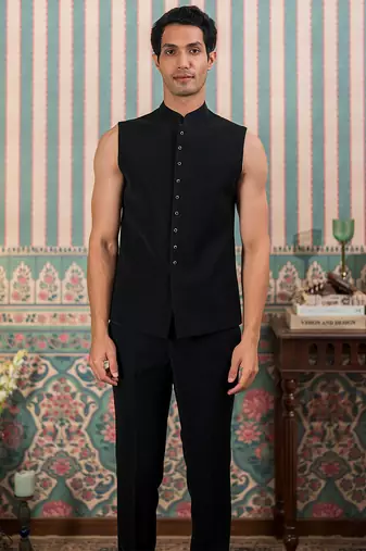 Black jodhpuri suit with floral rubber print and hand embroidery