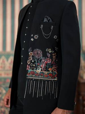 Black jodhpuri suit with floral rubber print and hand embroidery 3