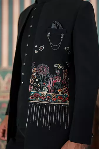 Black jodhpuri suit with floral rubber print and hand embroidery