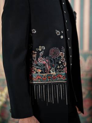 Black jodhpuri suit with floral rubber print and hand embroidery 4