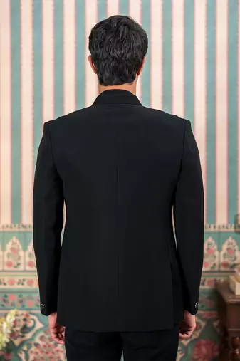 Black jodhpuri suit with floral rubber print and hand embroidery