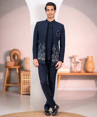 Navy blue jodhpuri suit with forest scenic rubber print and hand embroidery 1