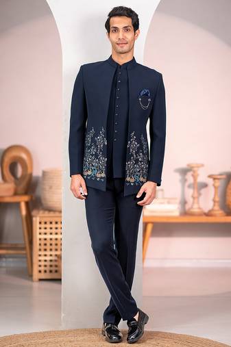 Navy blue jodhpuri suit with forest scenic rubber print and hand embroidery