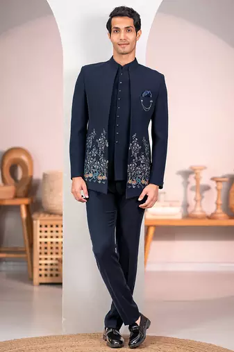 Navy blue jodhpuri suit with forest scenic rubber print and hand embroidery