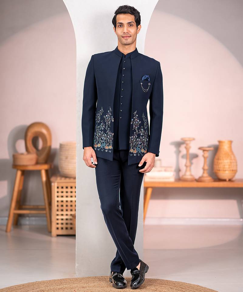 Navy blue jodhpuri suit with forest scenic rubber print and hand embroidery