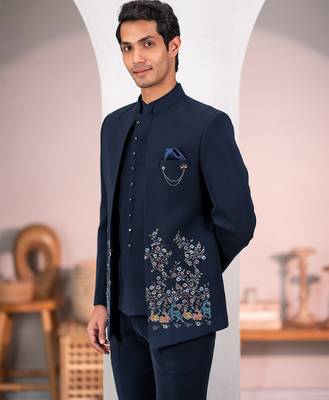 Navy blue jodhpuri suit with forest scenic rubber print and hand embroidery 2