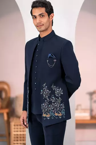 Navy blue jodhpuri suit with forest scenic rubber print and hand embroidery