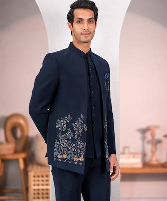 Navy blue jodhpuri suit with forest scenic rubber print and hand embroidery 3