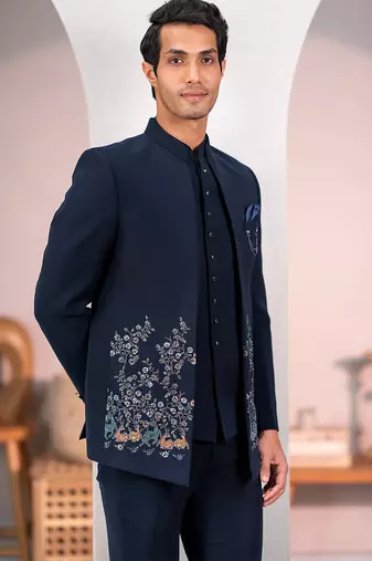 Navy blue jodhpuri suit with forest scenic rubber print and hand embroidery