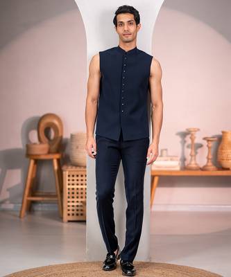 Navy blue jodhpuri suit with forest scenic rubber print and hand embroidery 4