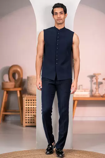 Navy blue jodhpuri suit with forest scenic rubber print and hand embroidery