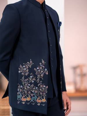 Navy blue jodhpuri suit with forest scenic rubber print and hand embroidery 5
