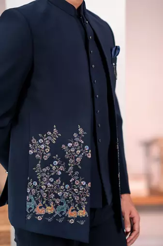 Navy blue jodhpuri suit with forest scenic rubber print and hand embroidery