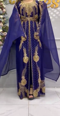 Royal Navy Blue Moroccan Embroidered Kaftan With Heavy Golden Work & Dupatta     Party Wear 1