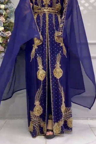 Royal Navy Blue Moroccan Embroidered Kaftan With Heavy Golden Work & Dupatta     Party Wear