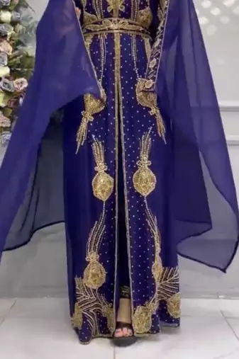 Royal Navy Blue Moroccan Embroidered Kaftan With Heavy Golden Work & Dupatta     Party Wear