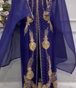 Royal Navy Blue Moroccan Embroidered Kaftan With Heavy Golden Work & Dupatta     Party Wear