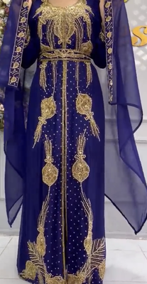 Royal Navy Blue Moroccan Embroidered Kaftan With Heavy Golden Work & Dupatta     Party Wear 2