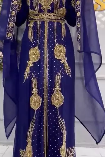 Royal Navy Blue Moroccan Embroidered Kaftan With Heavy Golden Work & Dupatta     Party Wear