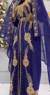Royal Navy Blue Moroccan Embroidered Kaftan With Heavy Golden Work & Dupatta     Party Wear 3