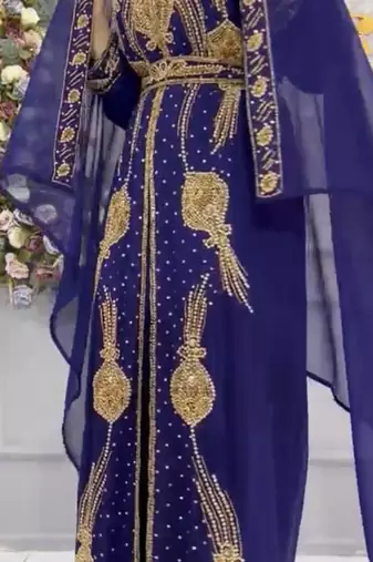 Royal Navy Blue Moroccan Embroidered Kaftan With Heavy Golden Work & Dupatta     Party Wear