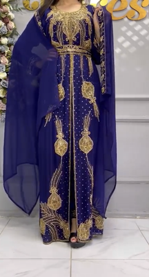 Royal Navy Blue Moroccan Embroidered Kaftan With Heavy Golden Work & Dupatta     Party Wear 4