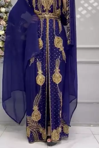 Royal Navy Blue Moroccan Embroidered Kaftan With Heavy Golden Work & Dupatta     Party Wear