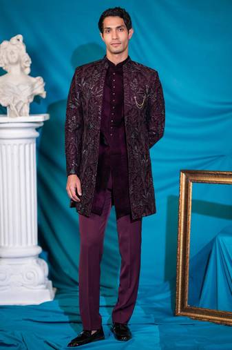 Wine velvet indowestern with sequins and floral thread work